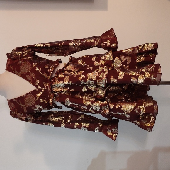 Altar’d State Burgundy, Gold flowers Dress w Cut outs + Lace up Back  si… - Picture 1 of 16